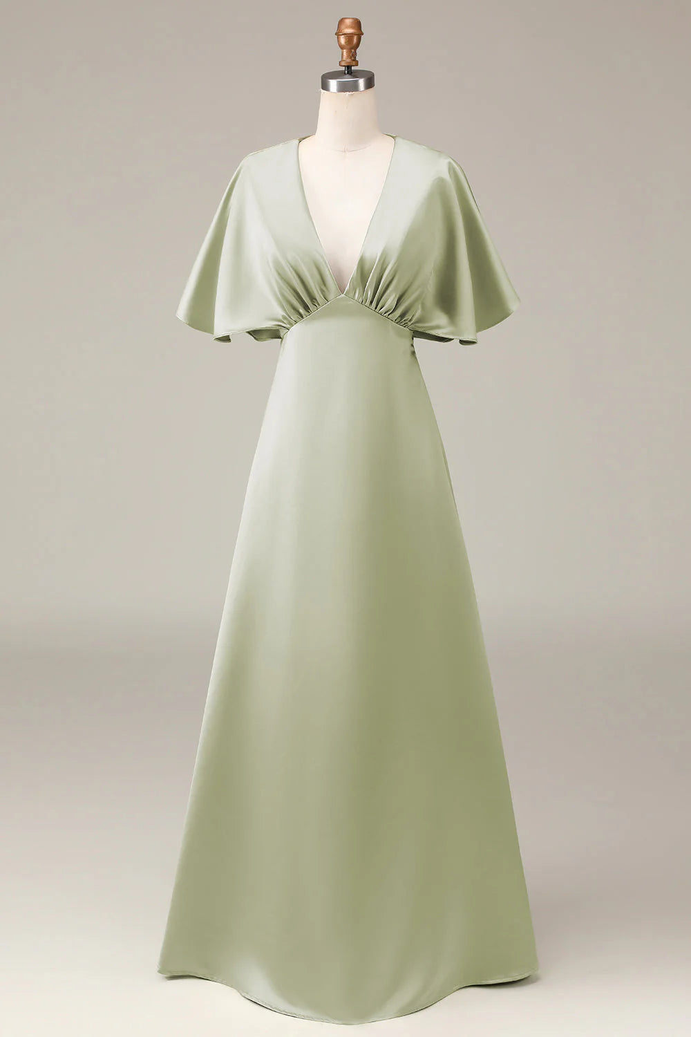 Vestido de dama de honor de satén con escote en V y mangas cortas en forma de A